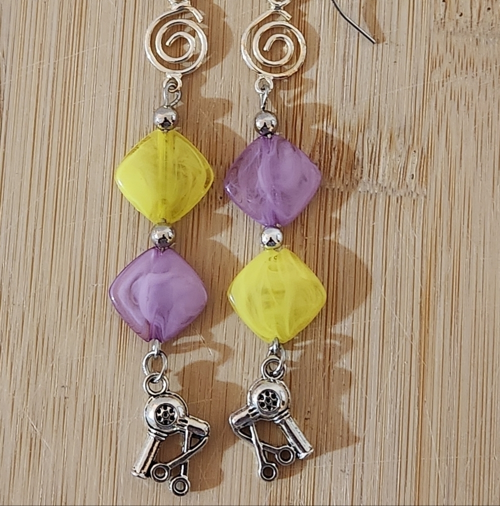 Lavender and Yellow Bead Earrings With Silver Blow Dryer And Scissors Charm